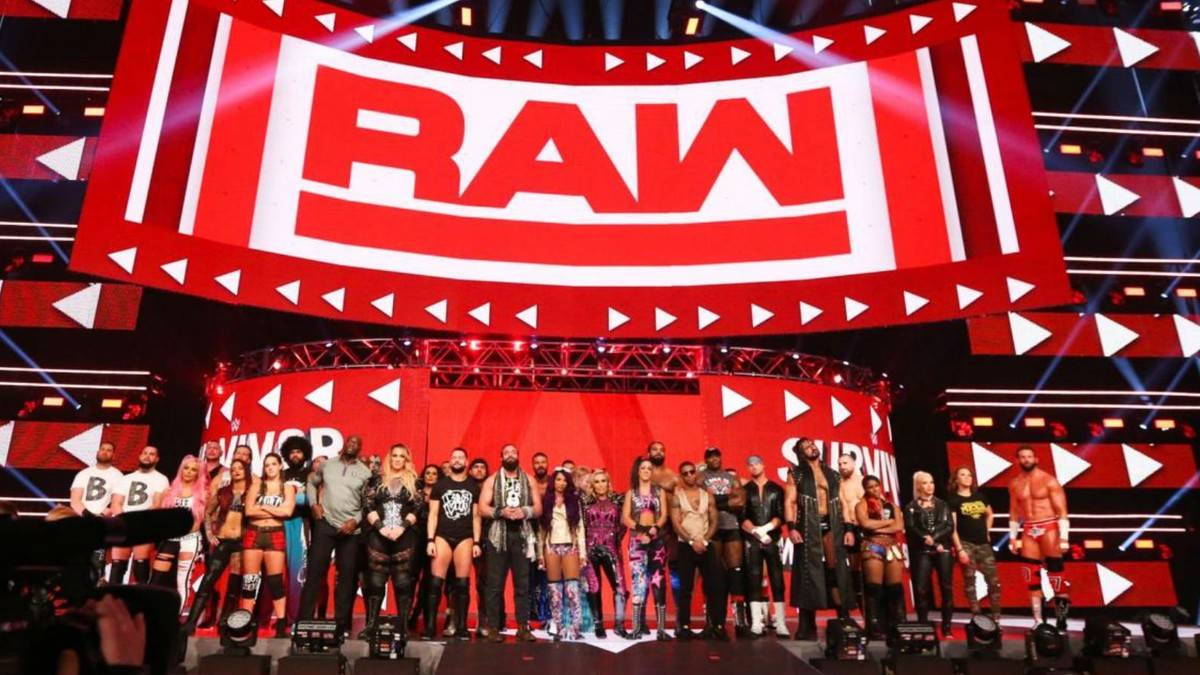 WWE roster on the stage on Raw