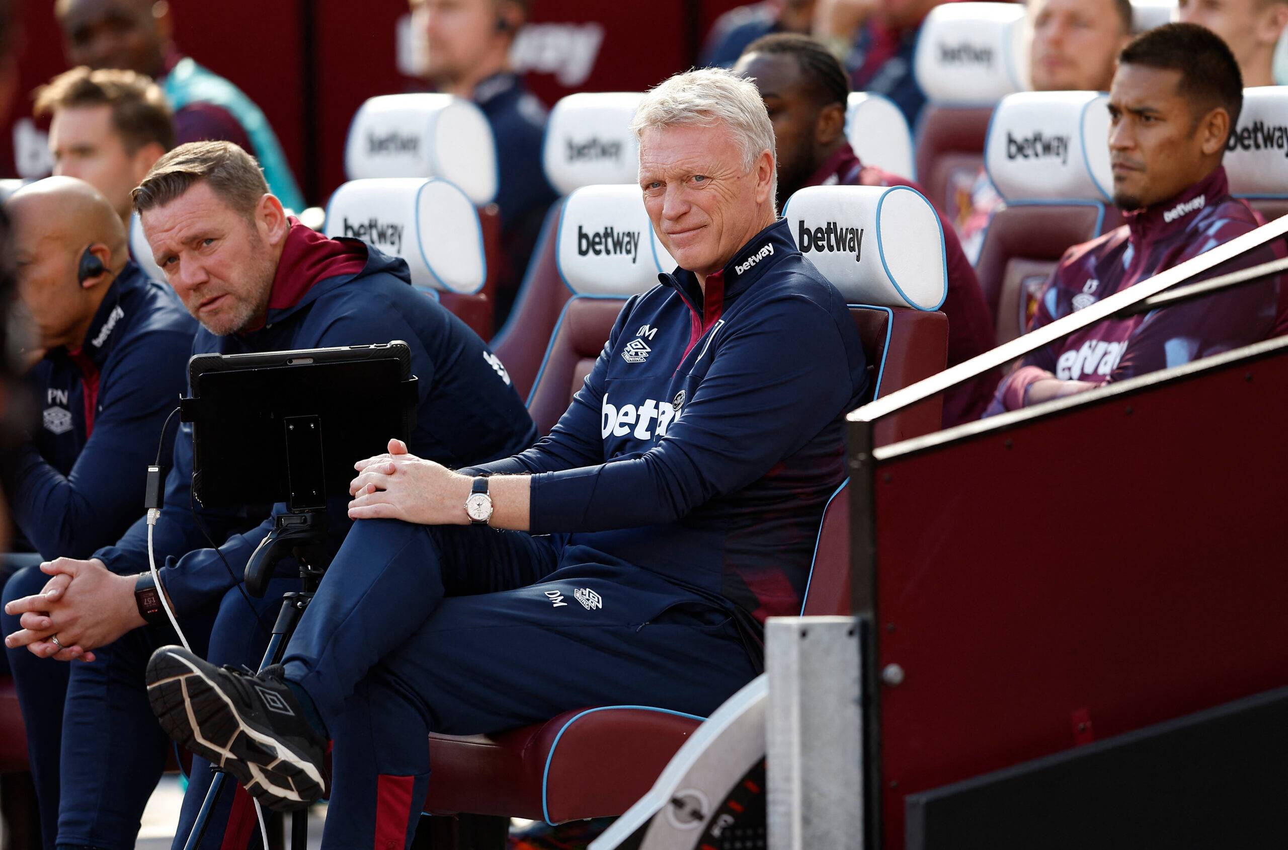 West Ham United manager David Moyes watches on