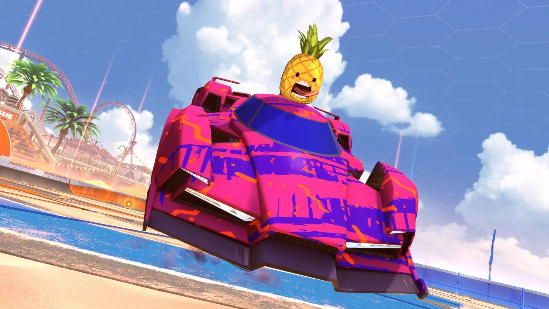 Rocket League car in air with pineapple on top