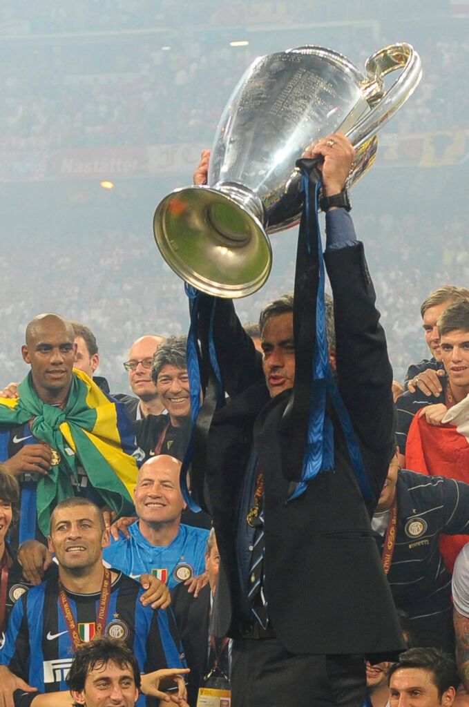 Mourinho lifts the Champions League trophy.