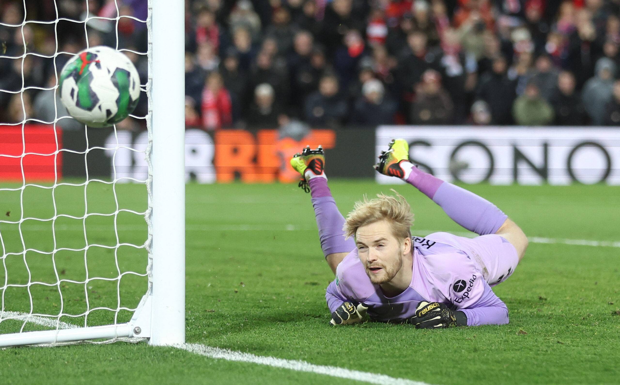 Liverpool's Kelleher saves a Derby penalty.