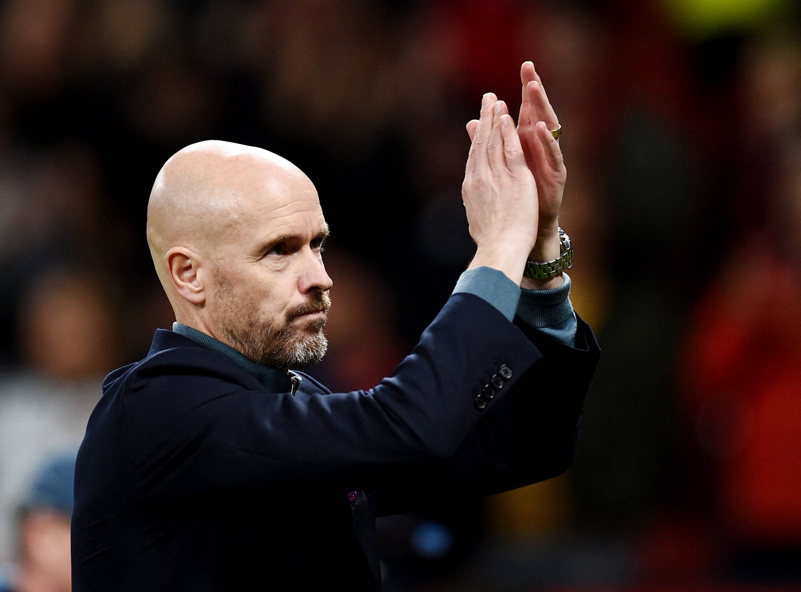 Erik ten Hag applauds the Manchester United fans after the West Ham game