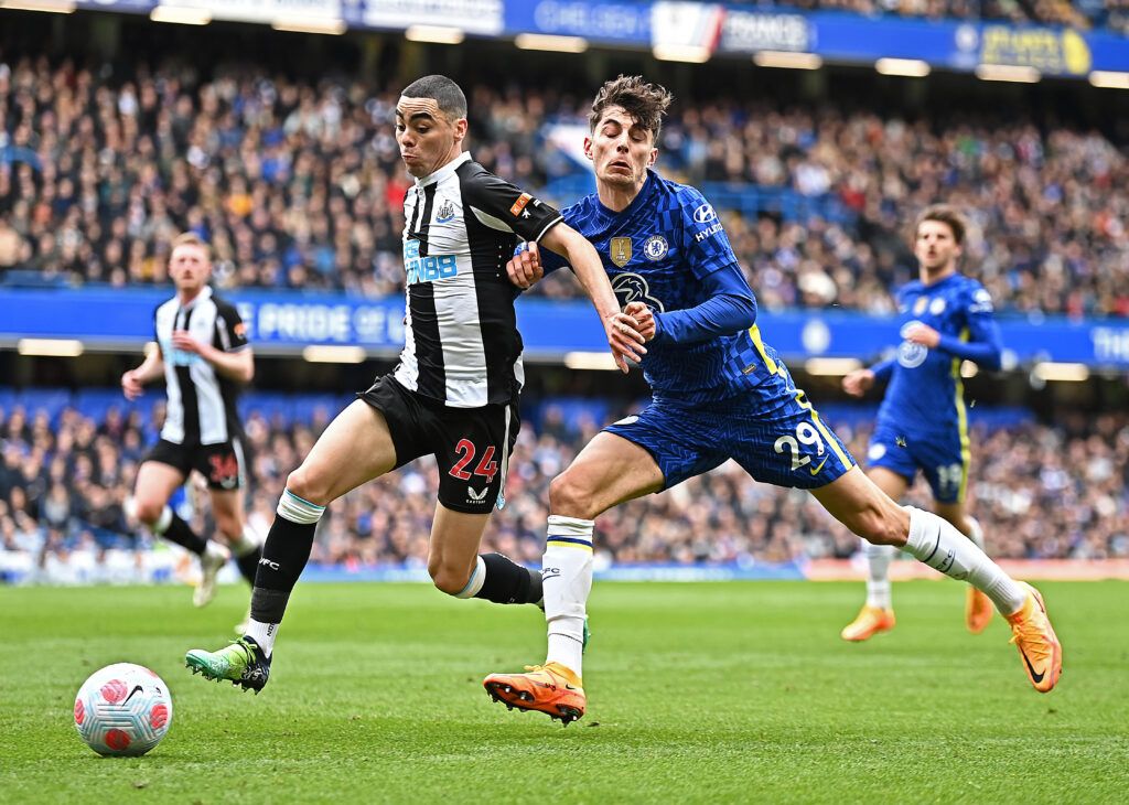 Miguel Almiron of Newcastle United holds off Kai Havertz of Chelsea