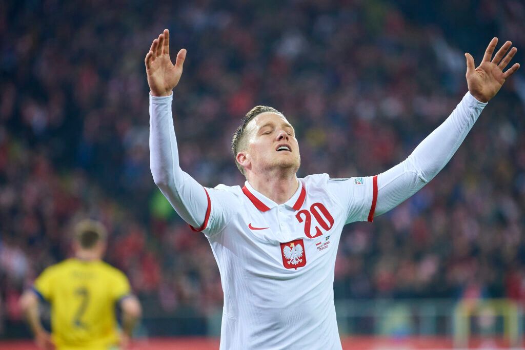 Piotr Zielinski from Poland celebrates after scoring during the 2022 FIFA World Cup Qualifier knockout round play-off match between Poland and Sweden at  Silesian Stadium on March 29, 2022 in Chorzow.