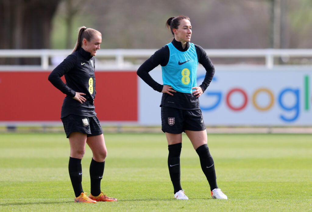 Georgia Stanway and Lucy Bronze at England training