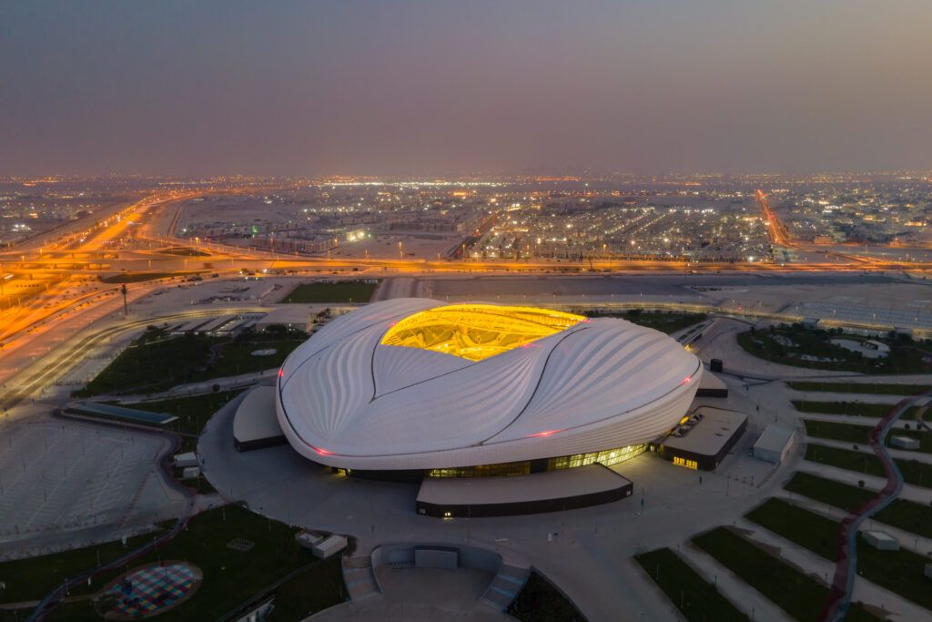 An aerial view of Al Janoub stadium at sunrise 