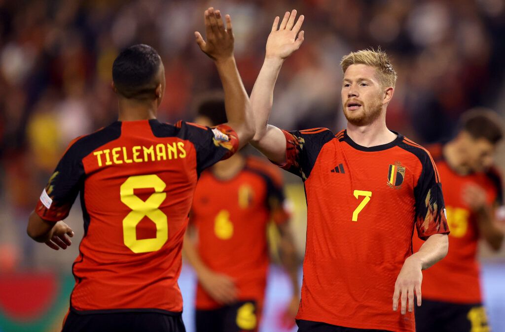 Kevin De Bruyne (R) of Belgium celebrate with team mate Youri Tielemans after he scores the opening goal during the UEFA Nations League League A Group 4 match between Belgium and Wales at King Baudouin Stadium on September 22, 2022 in Brussels, Belgium