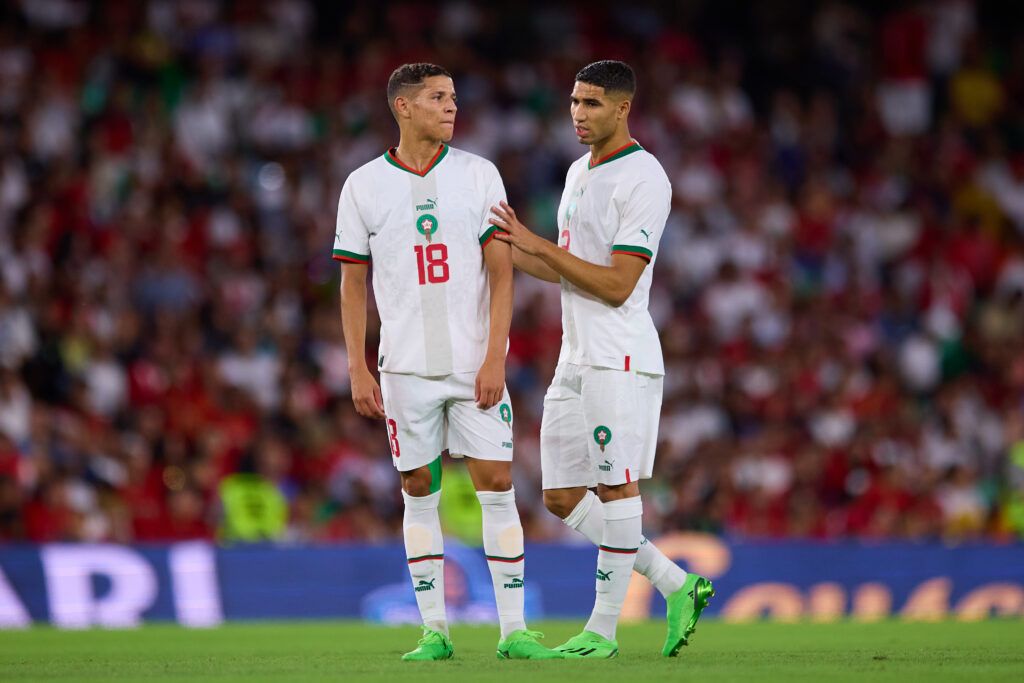 SEPTEMBER 27: Amine Harit and Achraf Hakimi of Morocco look on during a friendly match between Paraguay and Morocco at Estadio Benito Villamarin on September 27, 2022 in Seville, Spain.