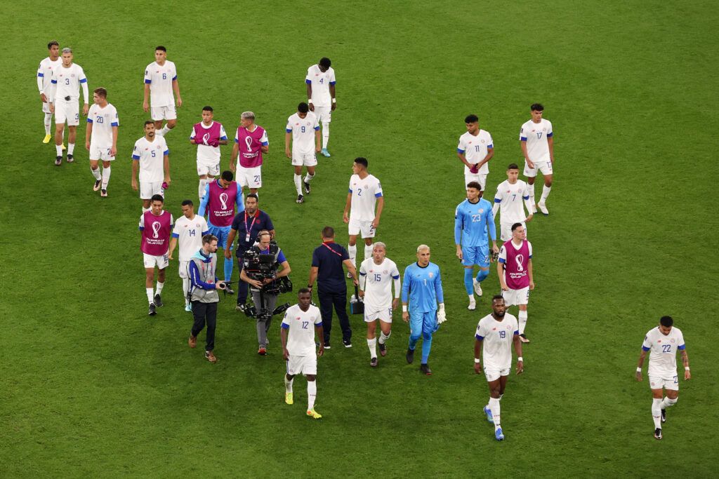 Costa Rica players react after the 0-7 loss during the FIFA World Cup Qatar 2022 Group E match between Spain and Costa Rica at Al Thumama Stadium on November 23, 2022 in Doha, Qatar.