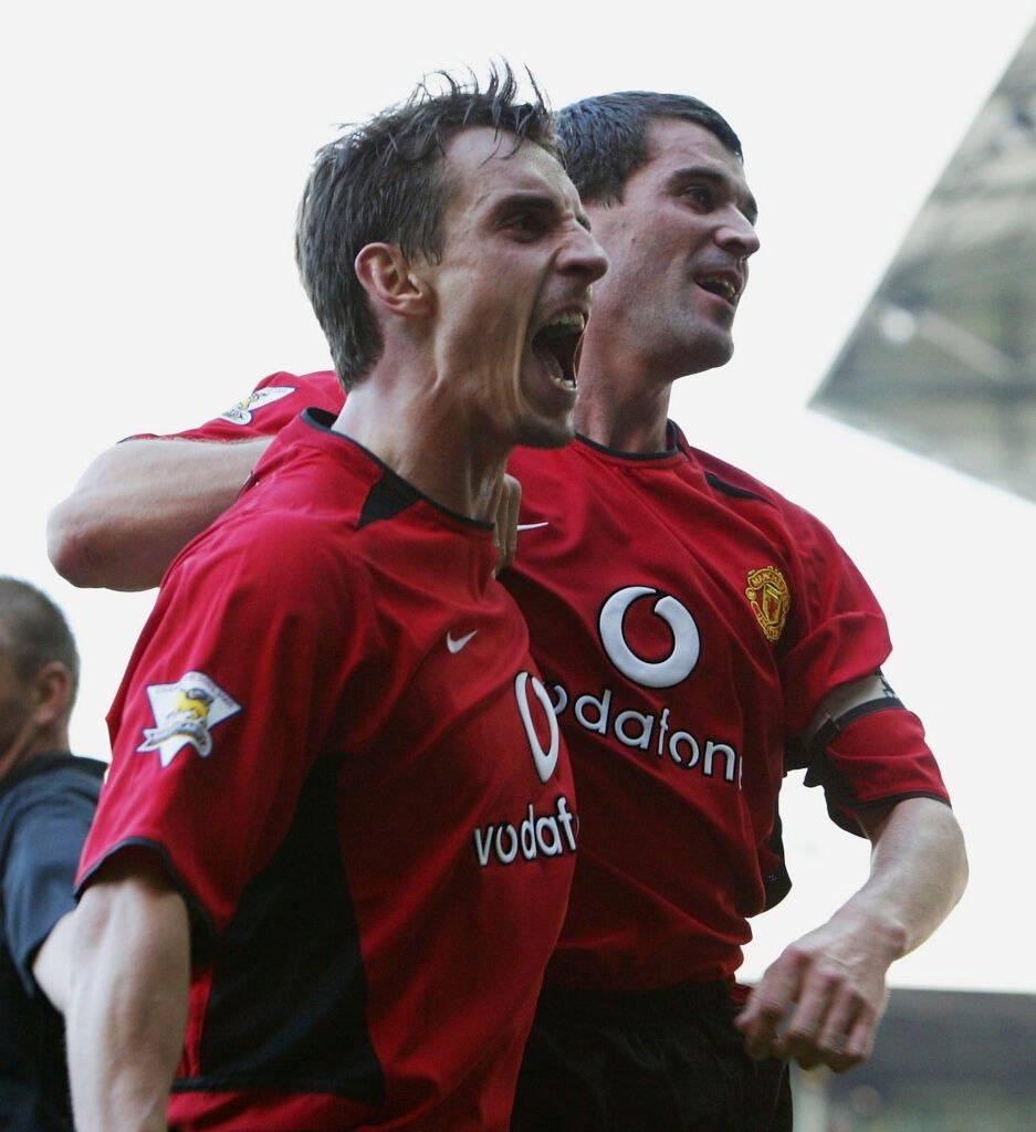 Neville and Keane celebrating at Man Utd.