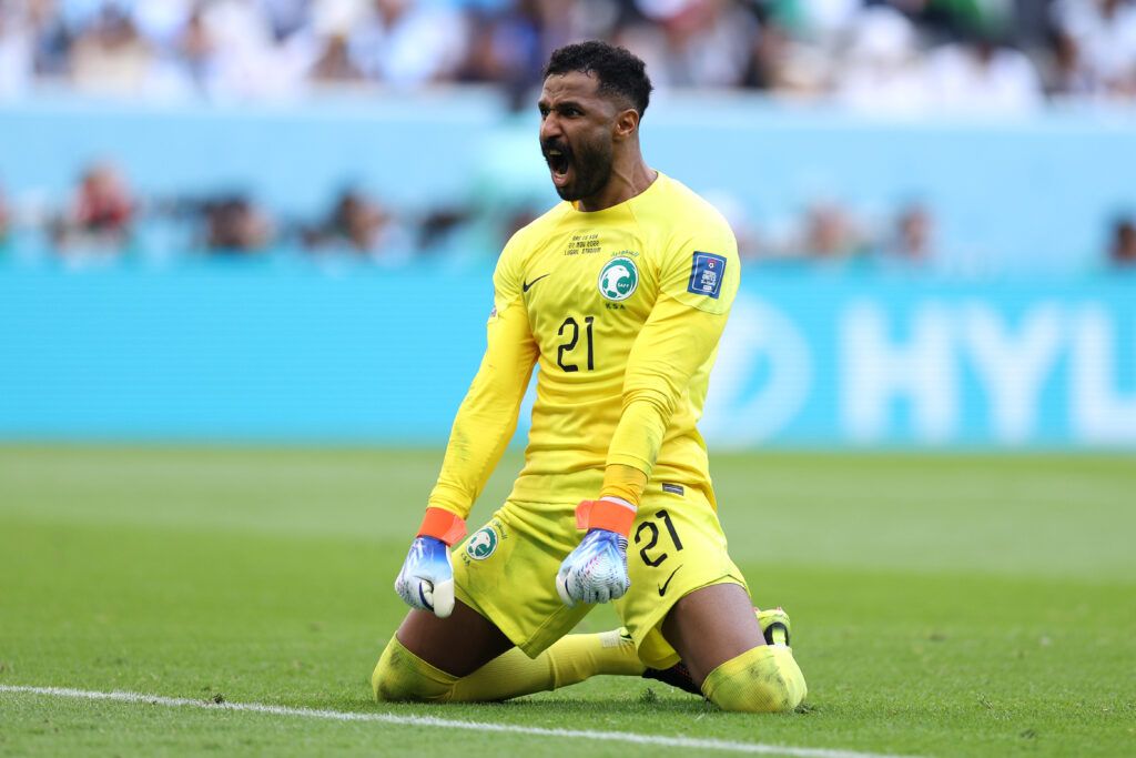 Saudi Arabia goalkeeper, Mohammed Al-Owais, celebrates after beating Argentina in the World Cup