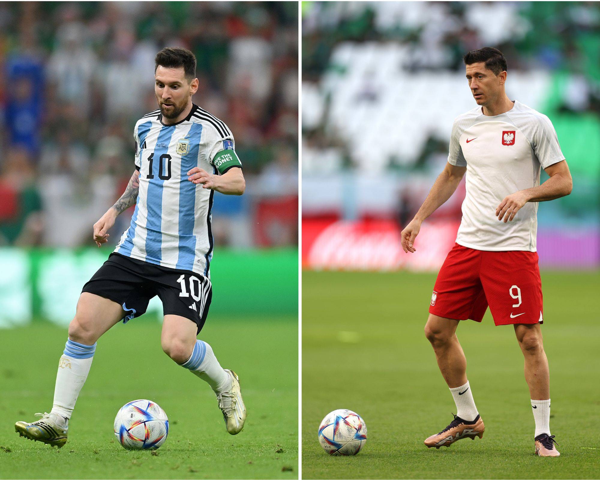 Lionel Messi on the ball for Argentina and Robert Lewandowski on the ball for Poland at the 2022 world cup
