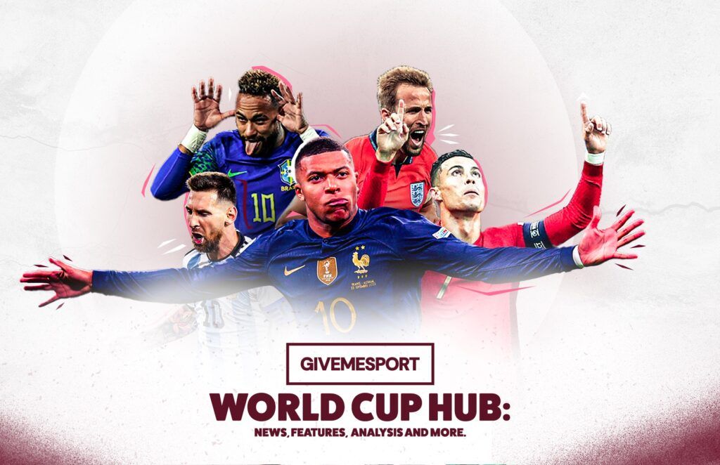 GiveMeSport World Cup 2022 promo image featuring Kylian Mbappe, Neymar Jr, Cristiano Ronaldo, Harry Kane and Lionel Messi