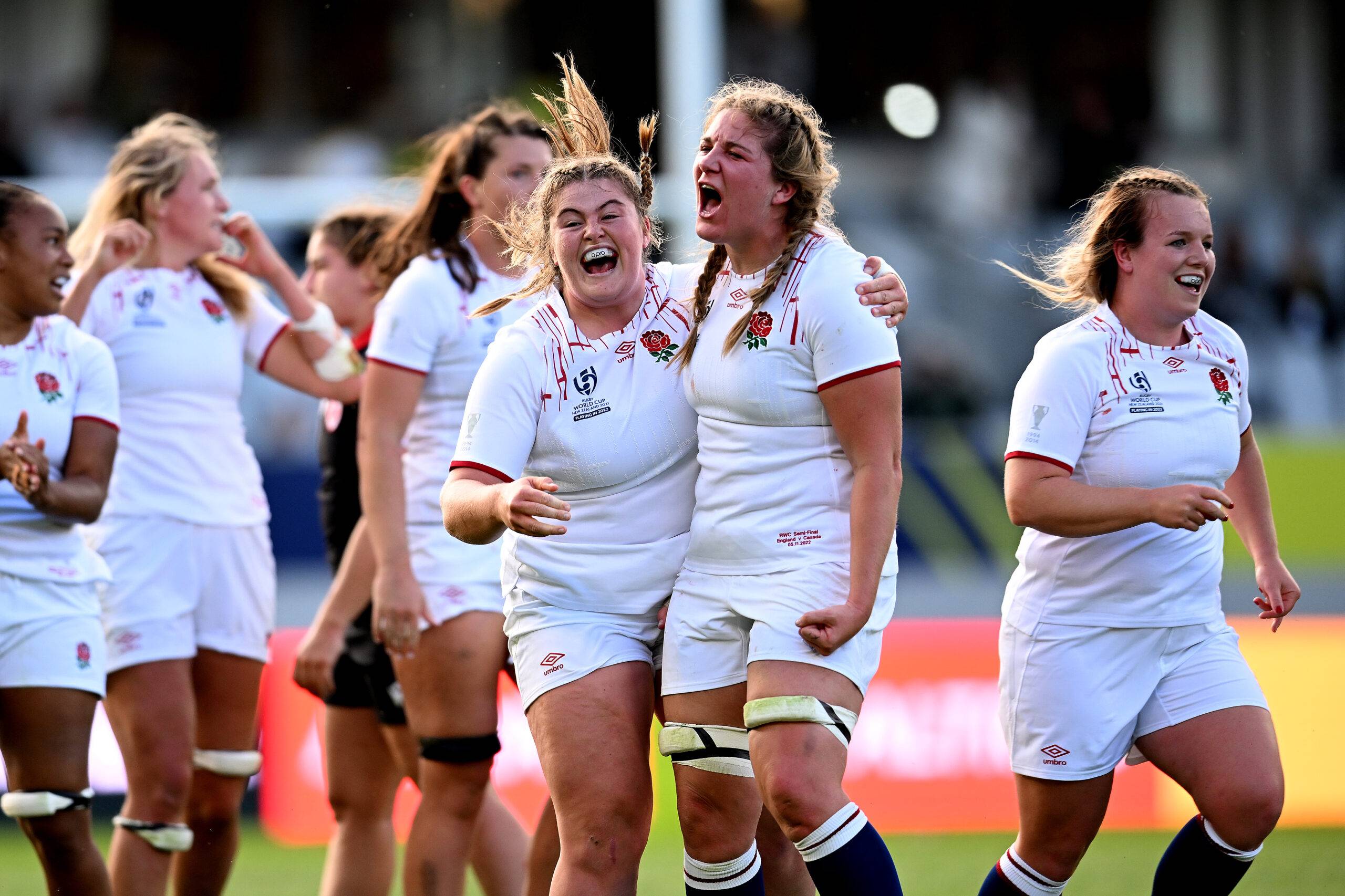 England celebrate reaching the final of the Women's Rugby World Cup