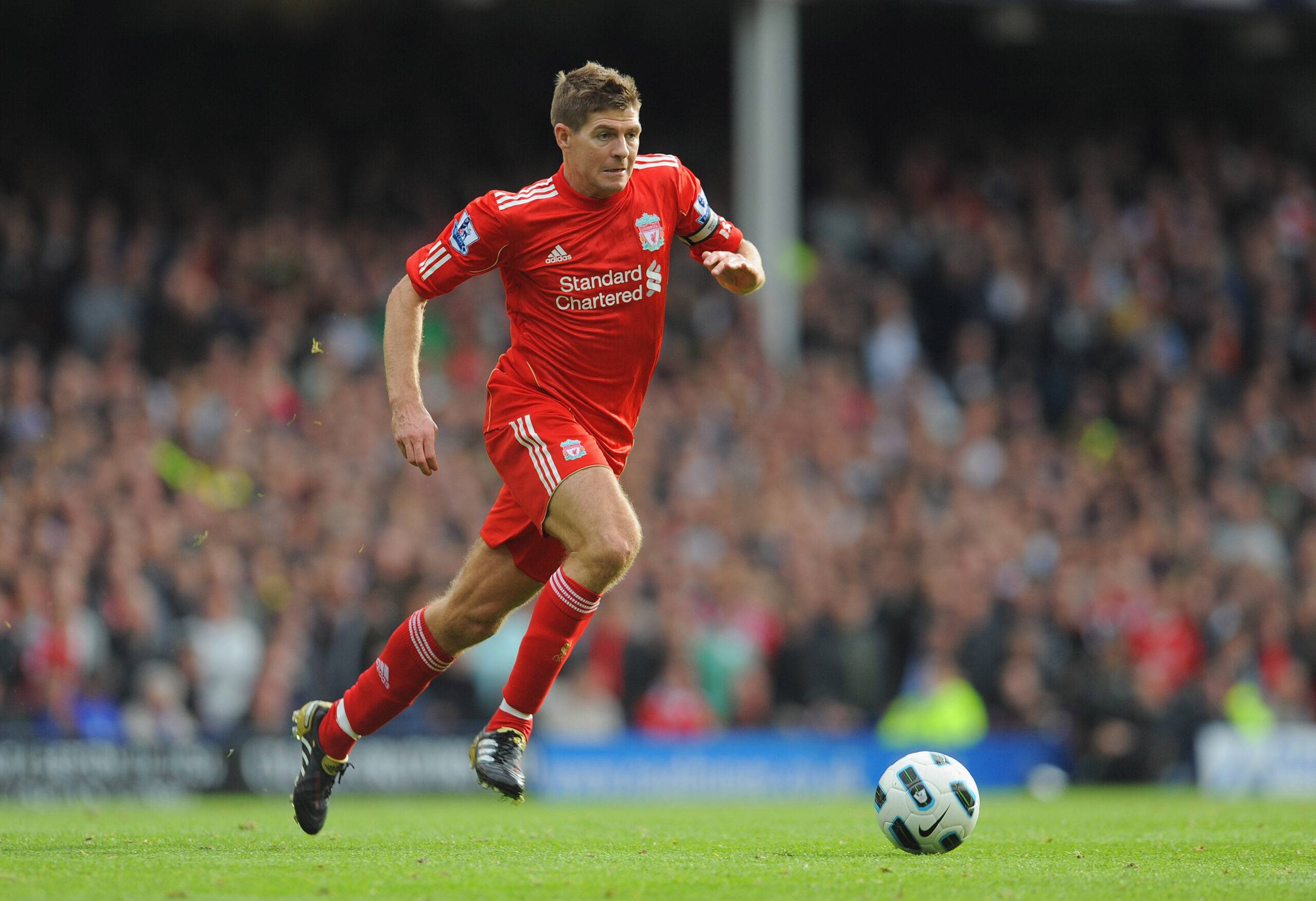 Gerrard in action at Everton for Liverpool in 2022