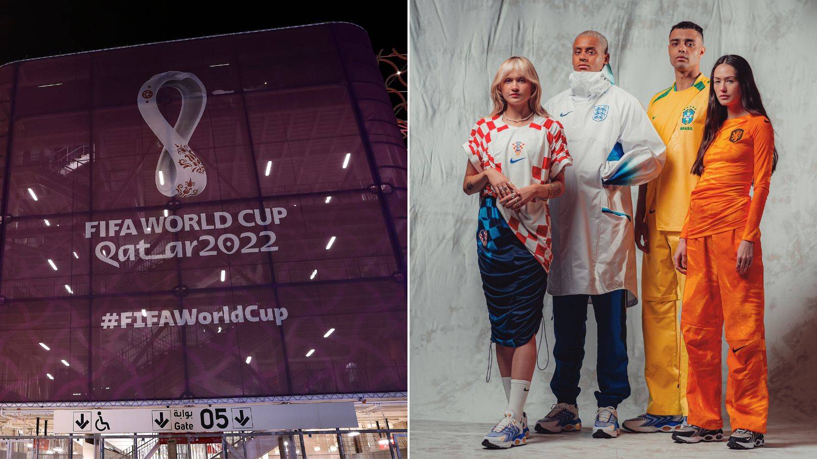 Split image of the Qatar World Cup and an Art of Football photoshoot