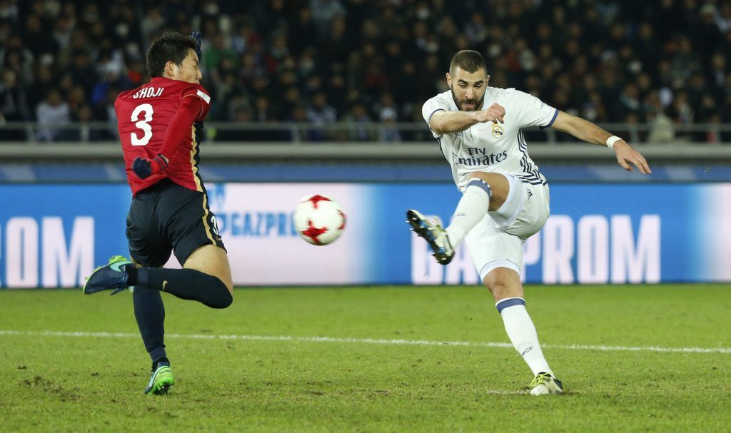 Real Madrid's Karim Benzema shoots on goal