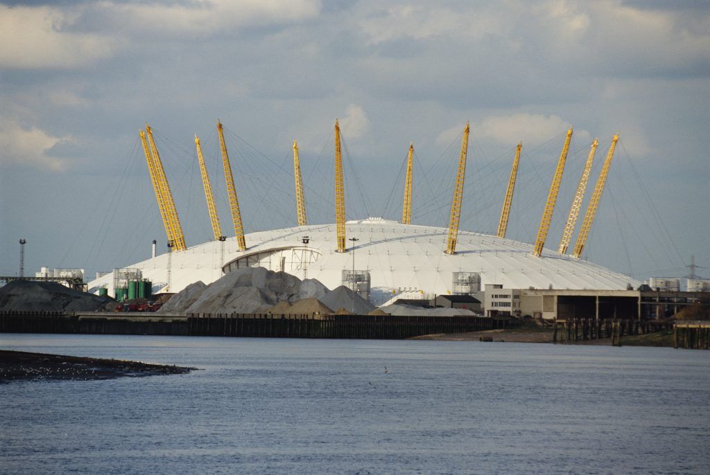 View of the Richard Rogers-designed Millennium Dome over the River Thames in Greenwich, February 13, 2000